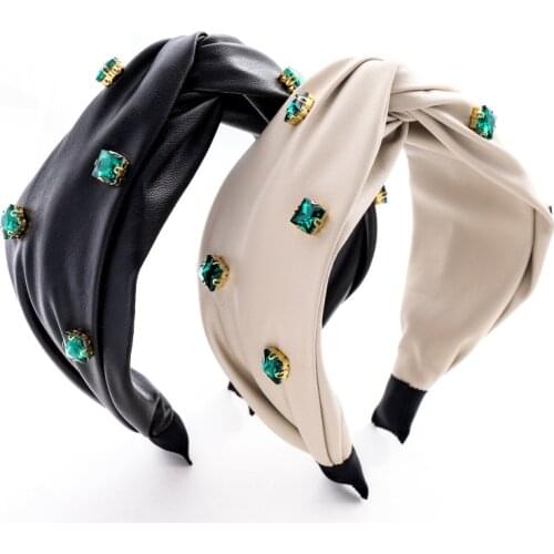Wide Side Hairband Casual PU Artificial Leather Headband Rhinestone Classic Turban Solid Glossy Hair Accessories Women