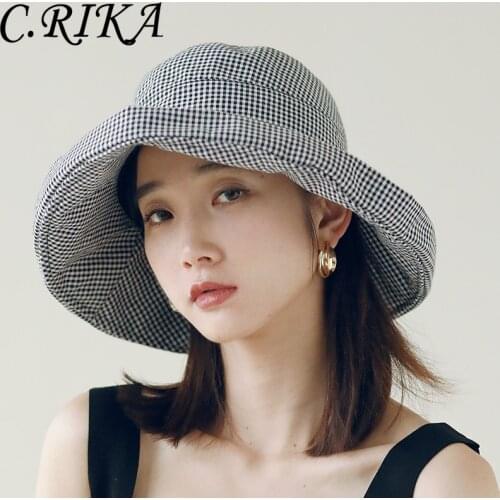 Women Sun Hat Designer Spring Summer Unisex Black White Plaid Big Eaves Sunshade Houndstooth Fisherman Basin Cap Wholesale