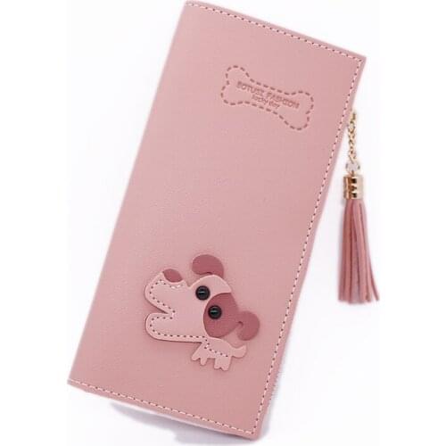 Cute Fashion Brand Puppy Leather Women Long Zipper Coin Purses Tassel Design Clutch Wallet Female Money Credit Card Holder Girl