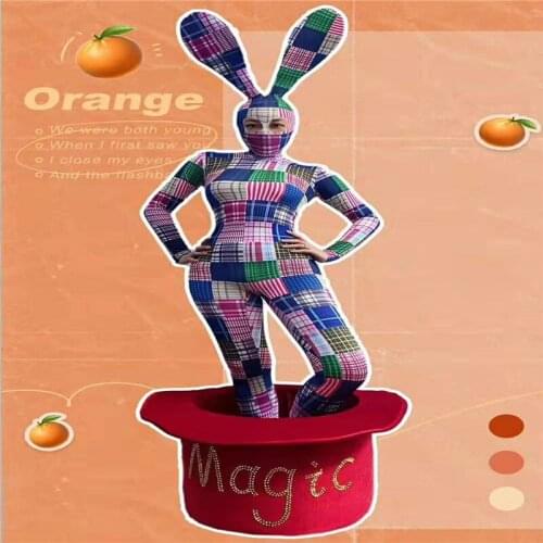 T88 Ballroom dance stage costume female printed bodysuit rabbit cosplay outfit singer perform clothe dj show dress party wears