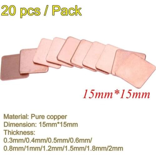 20Pcs 15*15mm 0.3/0.4/0.5/0.6/0.8mm Heatsink Pure Copper Shim Thermal Pad for Laptop Notebook IC Chipset GPU CPU Graphic Card