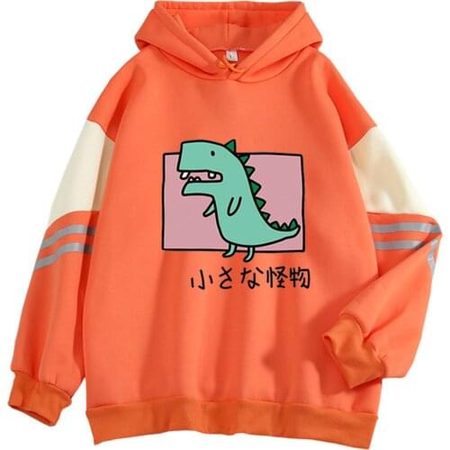 Ladies Fleece-lined Loose Hoodie, Autumn Winter Leisure Style Girls Cartoon Monster Printing Long Sleeve Hooded Tops