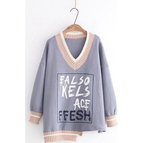 Urifens Autumn And Winter 2021 New Fashion Wild V-Neck Irregular Hem Letter Printed Women Pullover Sweater T397