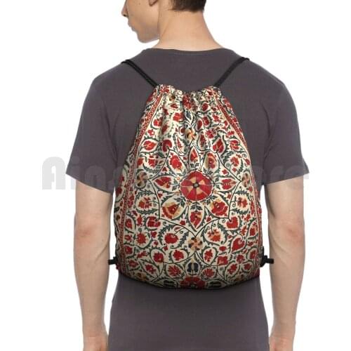 Bokhara Suzani Uzbekistan Colorful Embroidery Print Backpack Drawstring Bags Gym Bag Waterproof Vintage Vintage Rug