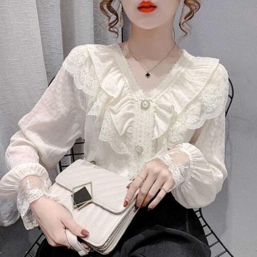 2021 spring and autumn new Korean fashion temperament all-match casual V-neck lace ruffled chiffon shirt blouse women