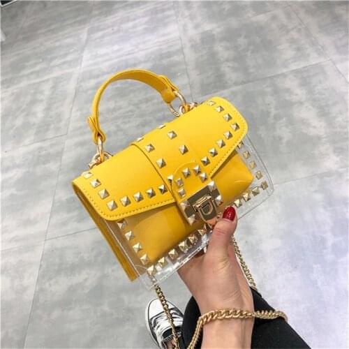 2021 New Woman Bag Fashion Rivet Transparent Chain Small Square Bag Shoulder Diagonal Universal Female Bag
