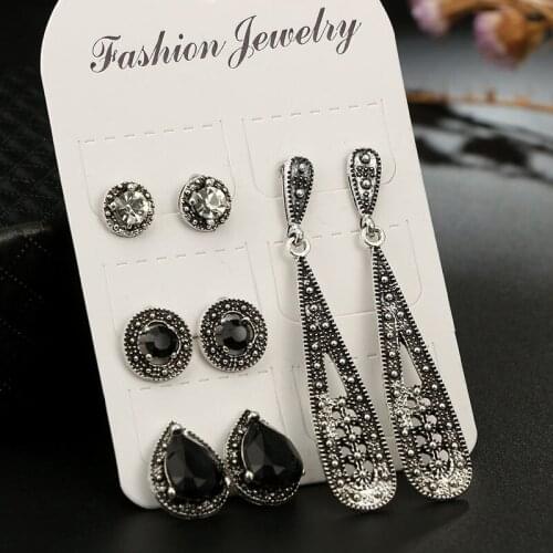 4 Pairs Vintage Black/White Crystal Stud Earrings For Women Jewelry Wholesale Price Stud Female Brincos