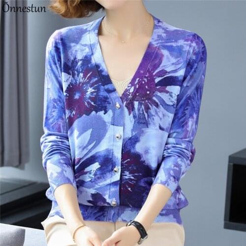 Floral Print Female Cardigan Autumn Spring Single-breasted Knitted Sweaters Top Korean Fashion V Neck Cardigans Women