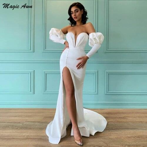 Magic Awn Vintage Mermaid Wedding Dresses Off The Shoulder Long Sleeves Satin Princess Simple Wedding Party Gowns Side Split