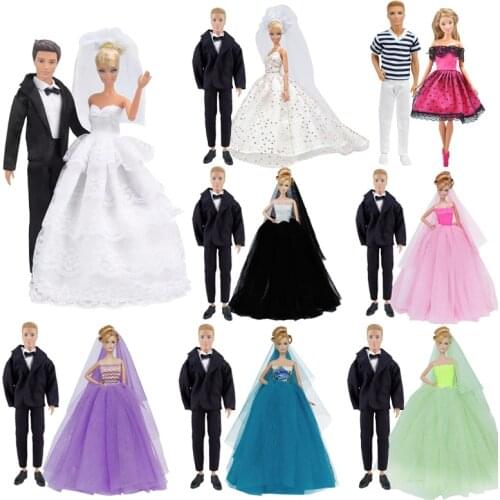 2 Set 1/6 Doll Accessories Outfit Mens Suit Wedding Dress Couple Outfit For 30cm Barbie Ken Doll Clothes Kid Dressing Up Toys