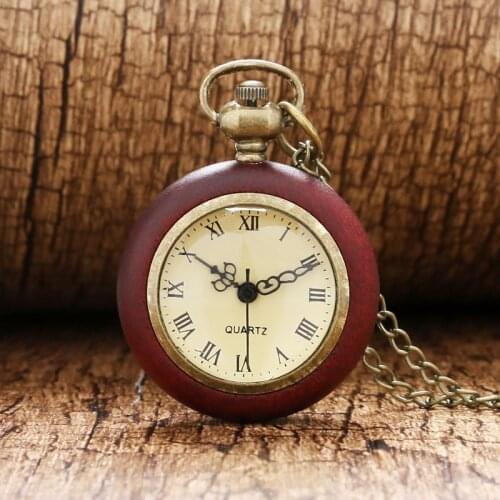 Antique Pocket Watch Red Wood Case Transparent Glass Ball Shape Slim Chain Retro Sweater Necklace Nurse Watches Gift for Friends