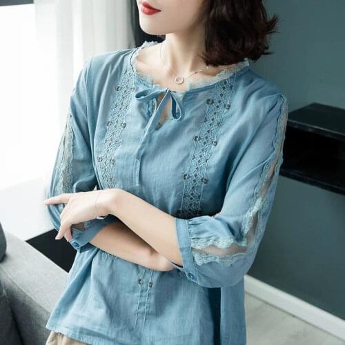 Womens Spring Autumn Style Blouses Shirts Womens V-neck Embroidery Lace Up Solid Color Lace Vintage Loose Tops SP635
