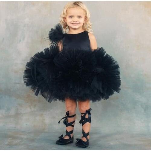 Custom New Black Tulle Baby Girls Dresses O Neck Knee Length Princess First Birthday Dress Backless Puffy Party Gown for Girls