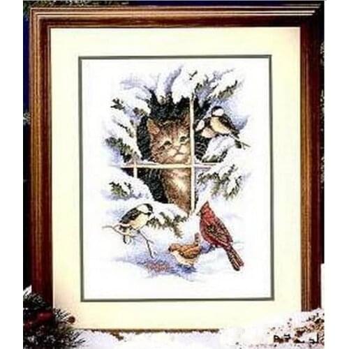 COTTON Top Quality Popular Lovely Counted Cross Stitch Kit Bird Watchers Winter Kitten Cat DIM