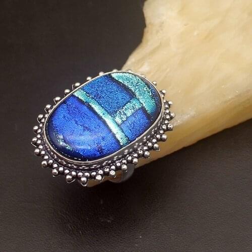 Elegant Charms Unique Blue Dichroic Glass Silver Color Jewelry Band Ring For Women Size 8 HD227