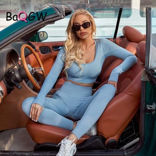 BaQGW Long Sleeve Square Crop Top + Leggings High Waist Slim Fit Sport 2 Piece Suit Female Workout Tracksuit Fitness Sportswear