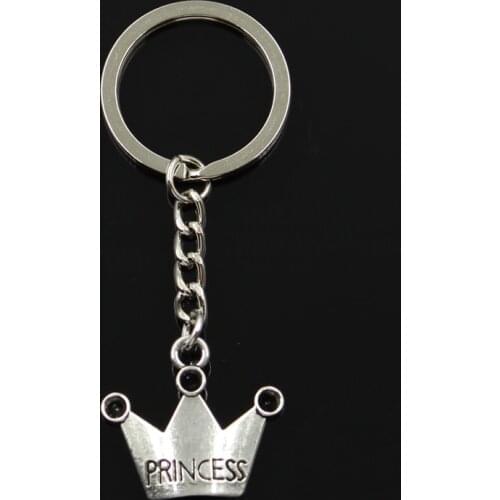 Fashion 30mm Key Ring Metal Key Chain Keychain Jewelry Antique Silver Color Plated Crown Princess 25x28mm Pendant