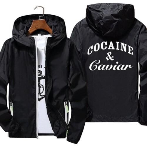 Mens Cocaines & Caviar Hooded Bomber Zipper Thin Windbreaker Skin Coat Jacket Sports Pilot Cycling Slim Fit Coat Clothing 7XL