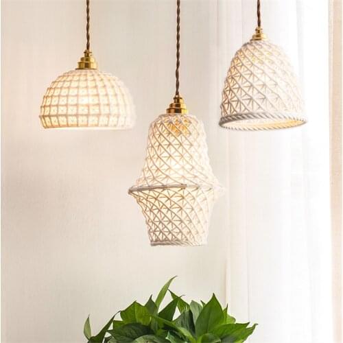 Nordic ceramic mesh pendant lights bedroom bedside lamp Japanese style white brass aisle entrance hall hanging lamps lighting