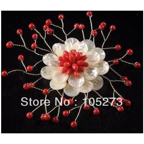 New Arriver Charming Natural White Shell Pearl & Red Coral Flower Pin Brooch 71mm Handcrafted Fashion Jewelry New Free Shipping