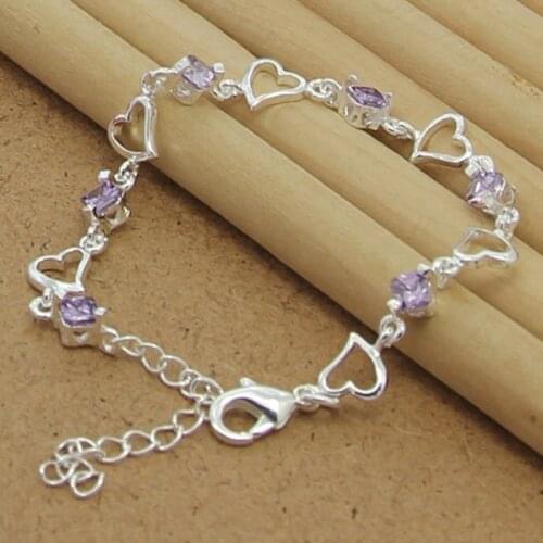 New 925 Sterling Silver Bracelet Chain For Woman Charm Purple Crystal Heart Shaped Bracelet For Woman Charm Jewelry Engagement G