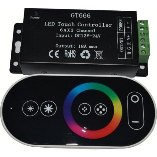 RGB LED controller with black RF touch remote;DC12-24V input;6A*3CH output