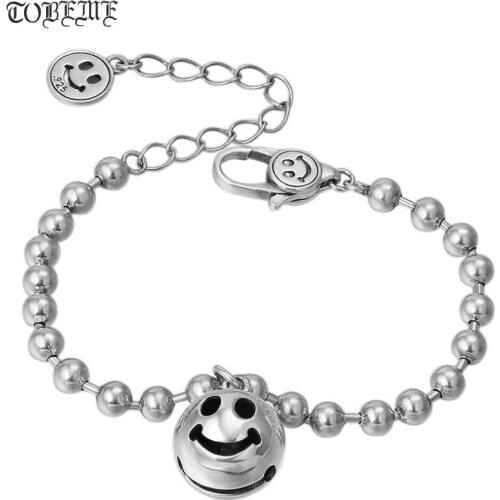 Handmade 100% 925 Silver Beaded Bracelet Pure Silver Happy Face Bell Charm Bracelet Sterling Lady Bracelet Jewelry Gift