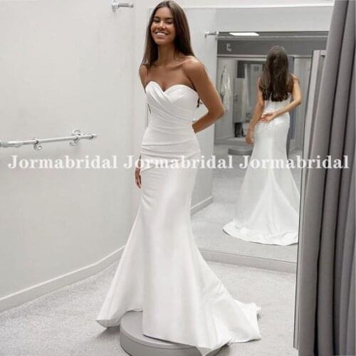 Cheapest White Mermaid Wedding Dresses Sweetheart Neckline Pleats Satin Beach Bridal Dress Trumpet Zipper Back Vestidos De Noiva