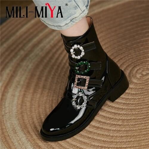 MILI-MIYA Fashion Design Gorgeous Crystal Buckle Ankle Boots Woman Black High Quality Patent Leather Zip Low Heels Wedding Shoes