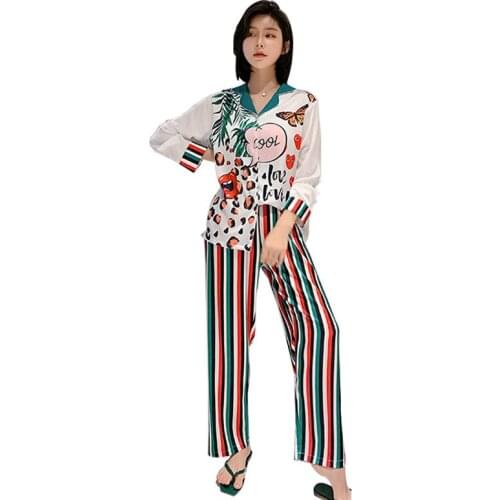 Womens Summer Two-piece Home Suit for Spring and Summer Thin Long-sleeved Viscose Pants Pajamas Women Summer print silk Suit