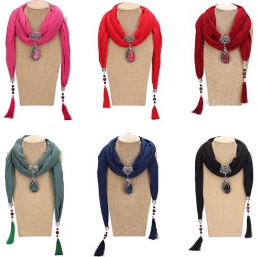 200x40cm Women Vintage Solid Color Ethnic Style Scarf Water Drop Peacock Bead Pendant Rhinestone Jewelry Shawl Necklace With
