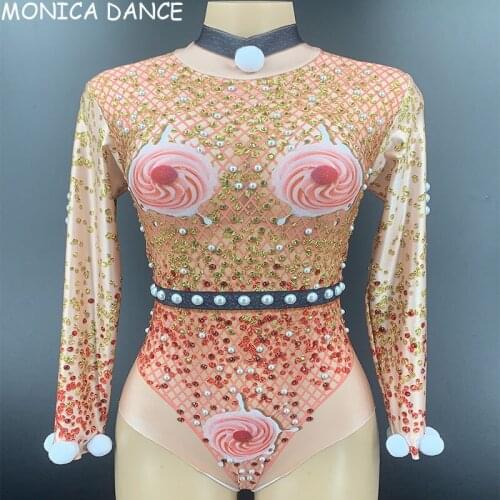 Women Multi-color Glisten Crystals Bodysuit Long Sleeve Rhinestones Tights Stage Wear Bar DJ Sexy Singer Dancer Dance Bodysuit