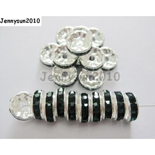 200pcs/lot 12mm Top Quality Czech Crystal Dark Green Rhinestone Pave Rondelle Metal Silver Plated Spacer Beads Jewelry Making