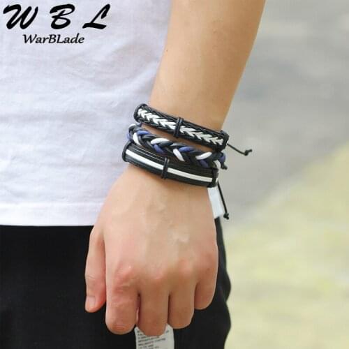 WarBLade Black White Punk Wrap Wristband Genuine Leather Bracelet 6pcs/Set Men Vintage Charm Braided Bracelets Bangle For Male