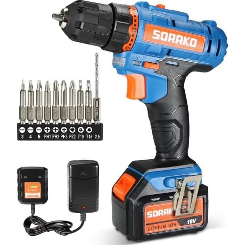 Cordless Screwdriver 18V SORAKO 35Nm Cordless Drill with 2.0Ah Battery 21 + 1 Torque Cordless Drill Charger Wood Metal