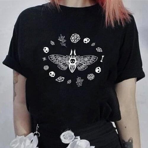 Death Head Moth 100% Cotton T-shirt Aesthetic Women Gothic Black Tshirt Vintage Crystals Goth Witchcraft Tee Shirt Top