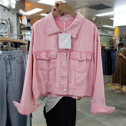Pink White Blue Denim Jacket Coat Women Long Sleeve Outerwear Autumn New Korean Fashion Loose Casual Short Jeans Jackets Female