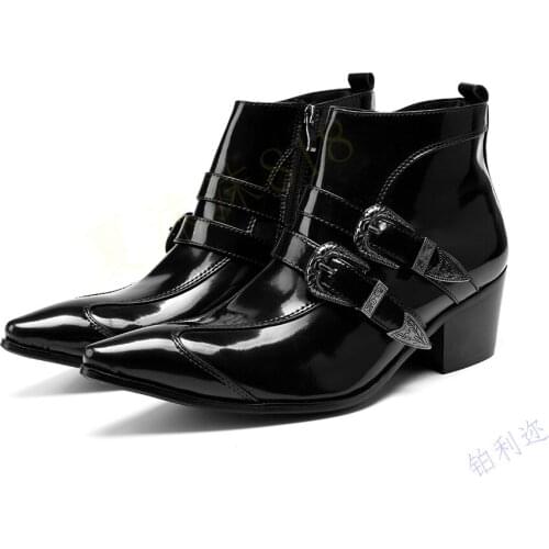 Fashion Genuine Leather Black Men Ankle Boots Formal Dress Shoes Pointed Toe Metal Toes Chelsea Boots Cowboy Boots