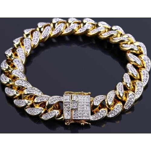 TOPGRILLZ Hip Hop Male Jewelry Bracelet Copper Iced Out Gold Color Plated CZ Stone 14mm Chain Bracelets With 7" 8" Two sizes
