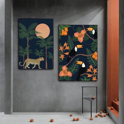 Canvas Wall Art Cute Bird Colorful Flower Prints Poster Home Decoration Night View Tree Painting for Bedroom Pictures Frame