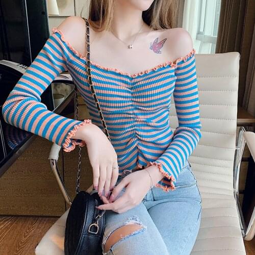Slim-fit Short Striped Knit Sweater with Fungus Side Shoulder Top Fashion Bottoming Shirt
