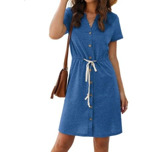 V-Neck Single-Breasted Drawstring Waist Short-Sleeve Dress Summer Casual A-Line Short Dress