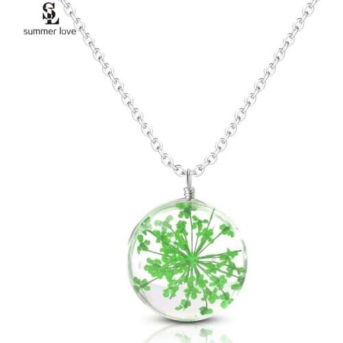 Cute Green Dried Flowers Necklace for Women Girls Round Glass Ball Pendant Silver Color Chain Necklace Jewelry Collar 2021