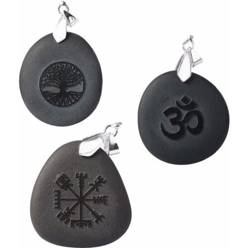 SUNYIK 1Lot (3Pc) Engraved Black Stone Pendants Fit Necklace,Tree of Life,Chakra Symbol,Vikings Vegvisir