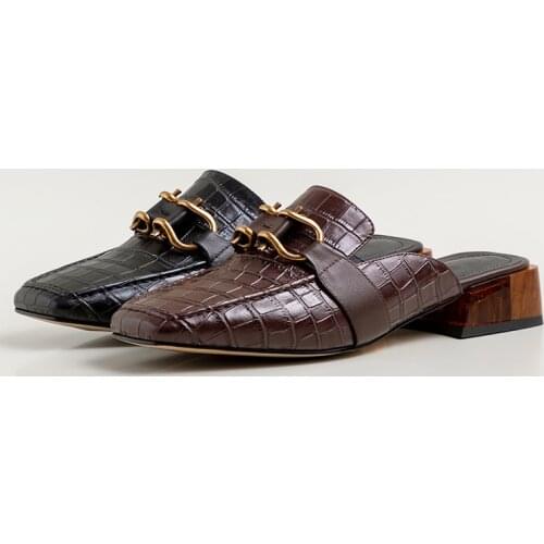 Genuine Cow Leather Muller Slippers Comfortable and Convenient Womens Shoes Mid Heels Sandals Women Mueller Shoes