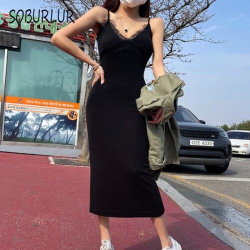 SOBURLUR 2021 Summer Womens Midi Dresses Sexy Elegant Korean Fashion Camisole High-waisted Dress Off Shoulder Sleeveless Female