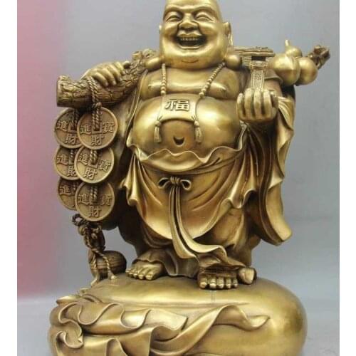 Tibet Buddhism Copper Bronze Ruyi Wealth Money Bag Gourd Maitreya Buddha Statue