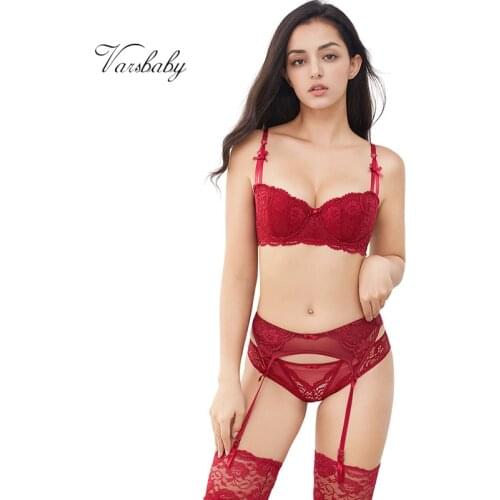 Varsbaby sexy lace 1/2 cup push up lingerie set bra+panties+garter+stockings 4 pcs ABCD cup