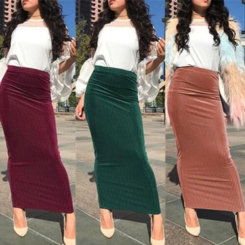 Women Elastic Knit Bandage Long Skirt Fashion Sexy Solid Color Elegant High Waist Bodycon Pencil Skirt Casual Streetwear 2019