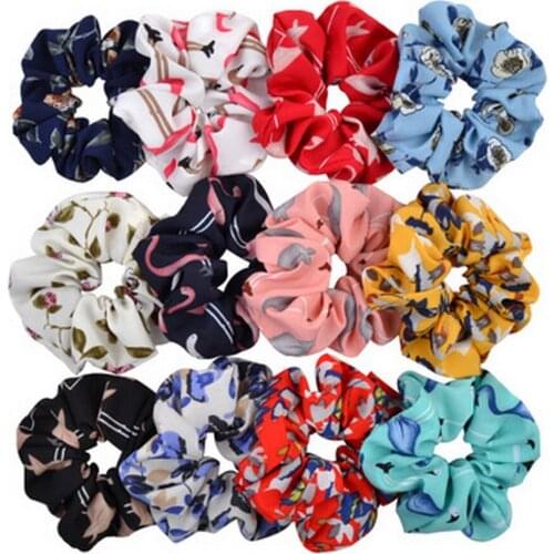 Women Fashion Print Scrunchies Elastic Flamingo Hair Bands Girl Hair Ring Ribbon Ponytail Holder Hairband Summer Accessories